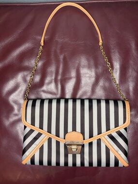 Henri Bendel Signature Brown Striped Satin Envelope Clutch with Chain Strap